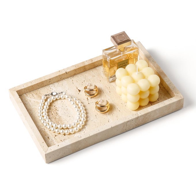 ITALY TRAVERTINE STONE VANITY TRAY FOR JEWELRY PERFUME MAKEUP CANDLENATURAL MARBLE DECORATIVE TRAYS FOR BATHROOM DRESSER RECTANGLE KITCHEN STORAGE ORGANIZER FOR HOME DECOR BEIGE WH020