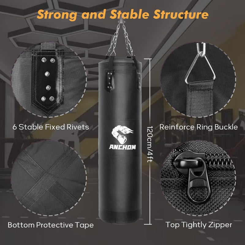 ANCHOM Punching Bag for Adults, 4FT Heavy Boxing Bag Set with 12OZ Boxing Gloves, Hand Wraps, Jump Rope and Grip Strength Trainer, Perfect for MMA Karate Kickboxing Boxing - Unfilled - Image 2