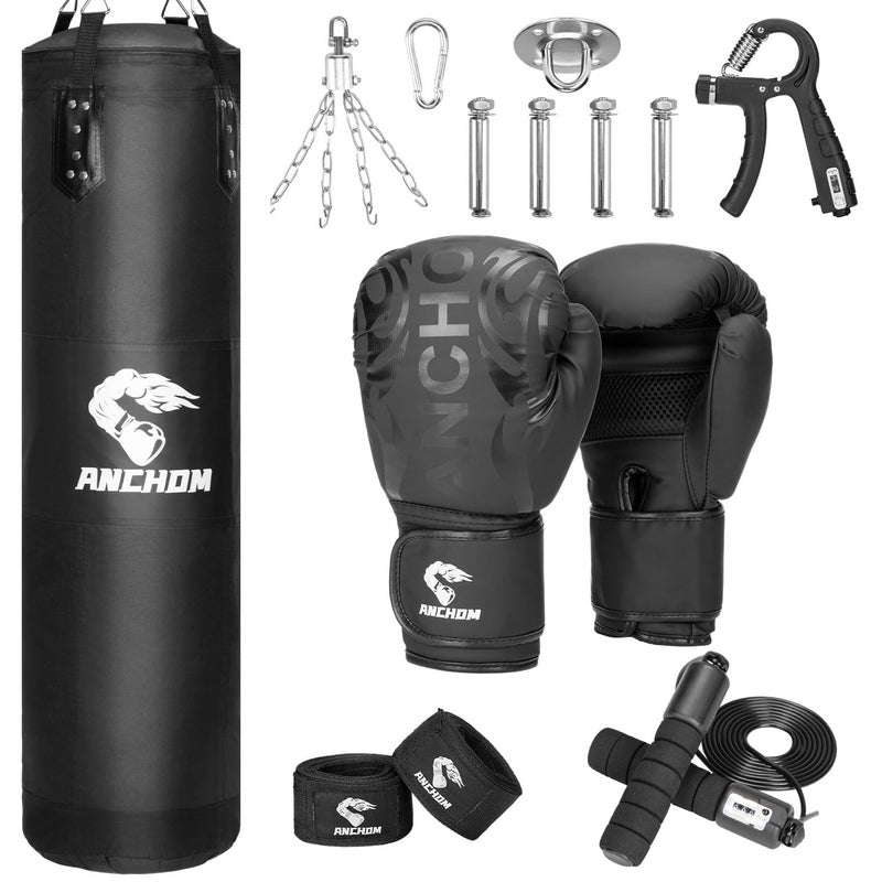 ANCHOM Punching Bag for Adults, 4FT Heavy Boxing Bag Set with 12OZ Boxing Gloves, Hand Wraps, Jump Rope and Grip Strength Trainer, Perfect for MMA Karate Kickboxing Boxing - Unfilled - Image 1