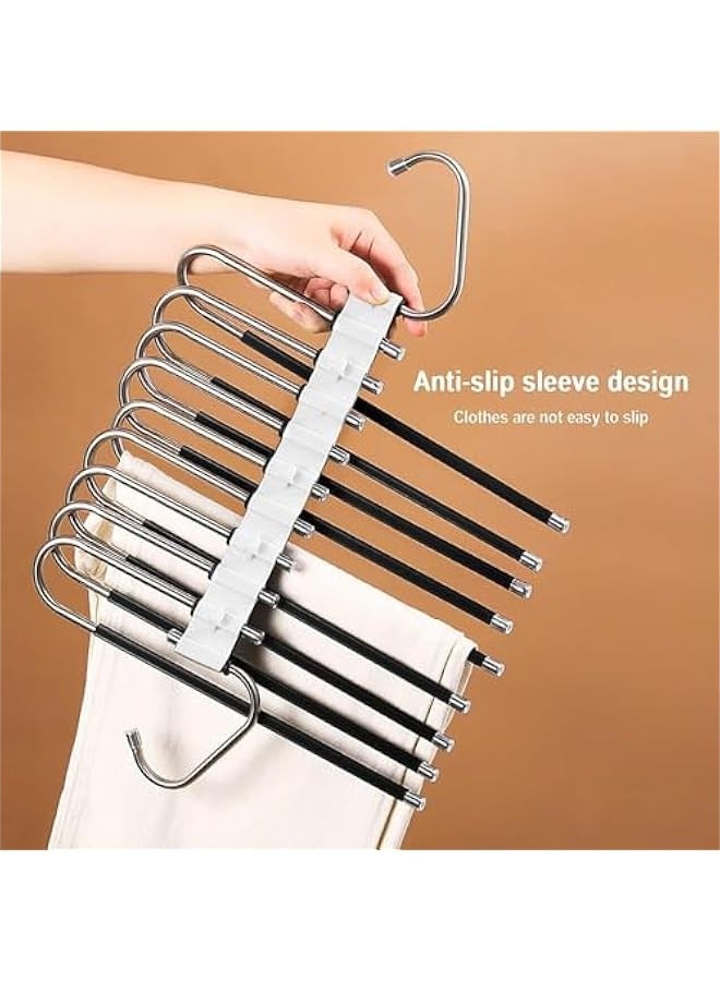 TRASSLE 9 Layers Pants Hangers Space Saving, 2 Pack Non Slip Multifunctional Pants Rack, Closet Organizer with Hooks for Jeans Trousers Skirts Scarf - Image 3