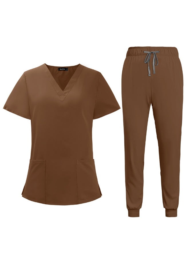 Generic Summer Doctor and Nurse Work Uniform Beauty Hospital Pet Dental Operating Room Washing Clothes Set (Brown)  - Image 1