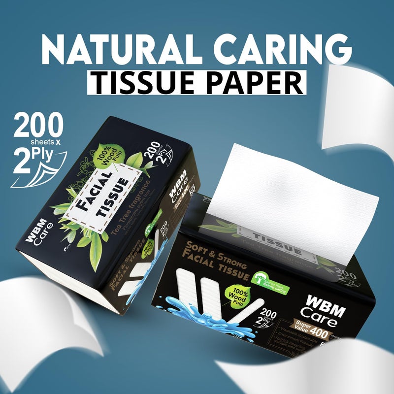 WBM Care 2Ply Facial Tissues with Tea Tree Fragrance  200 Sheets Pack of 10 2000 Total Ultra Soft 100 Natural Best for Rinse - Image 3