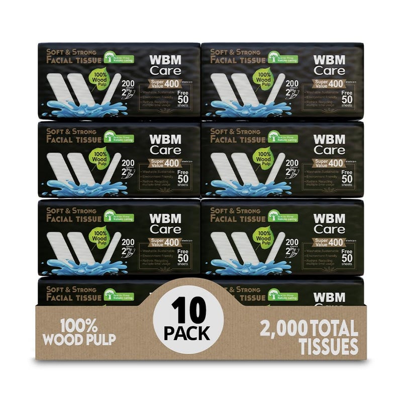WBM Care 2Ply Facial Tissues with Tea Tree Fragrance  200 Sheets Pack of 10 2000 Total Ultra Soft 100 Natural Best for Rinse - Image 1