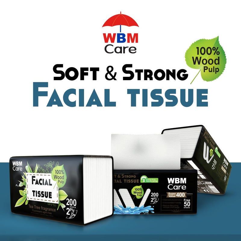 WBM Care 2Ply Facial Tissues with Tea Tree Fragrance  200 Sheets Pack of 10 2000 Total Ultra Soft 100 Natural Best for Rinse - Image 2