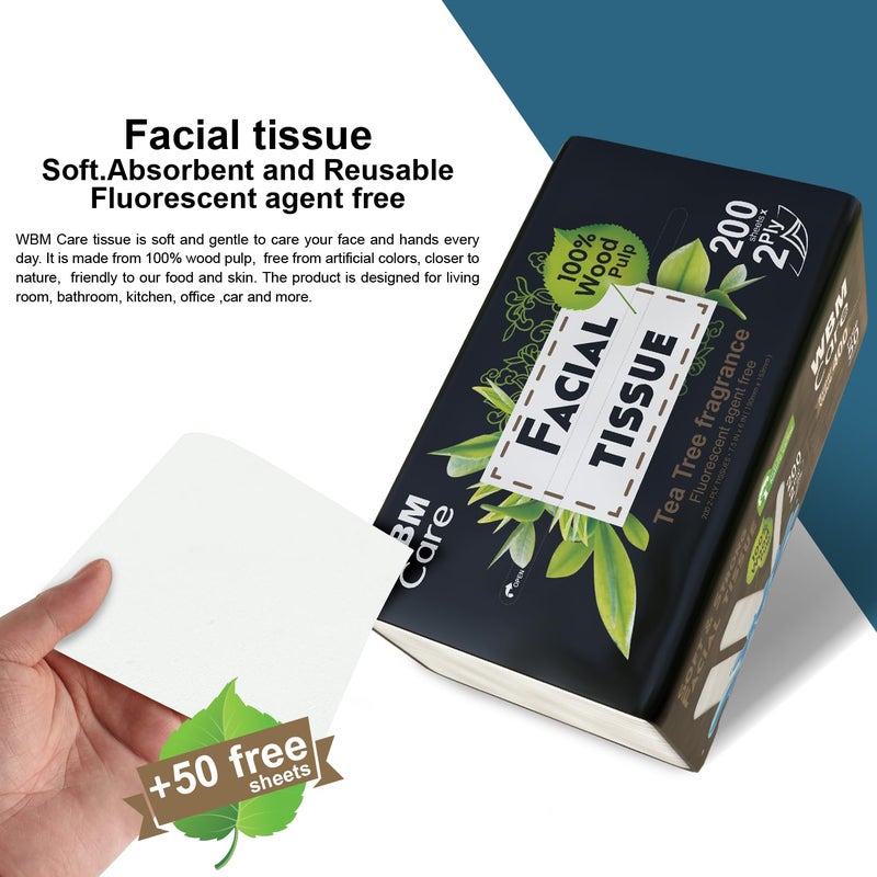 WBM Care 2Ply Facial Tissues with Tea Tree Fragrance  200 Sheets Pack of 10 2000 Total Ultra Soft 100 Natural Best for Rinse - Image 4