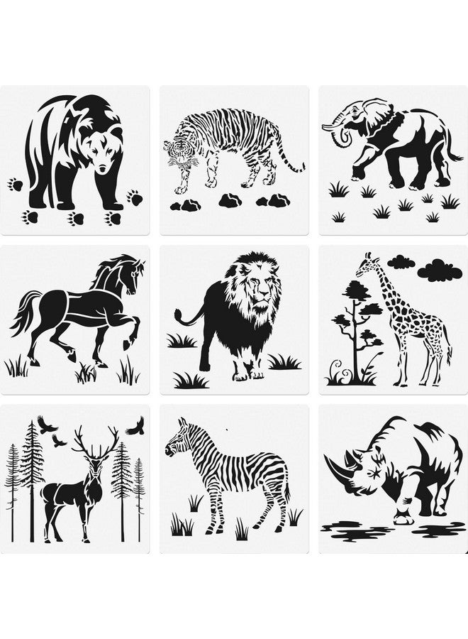 Zonon 9 Pieces Animal Stencil Templates Reusable Animal Painting Stencil Bear Tiger Elephant Horse Lion Giraffe Zebra Rhino Deer Craft Drawing Template For Greeting Card Scrapbook Wall Art (8 Inch) - Image 1