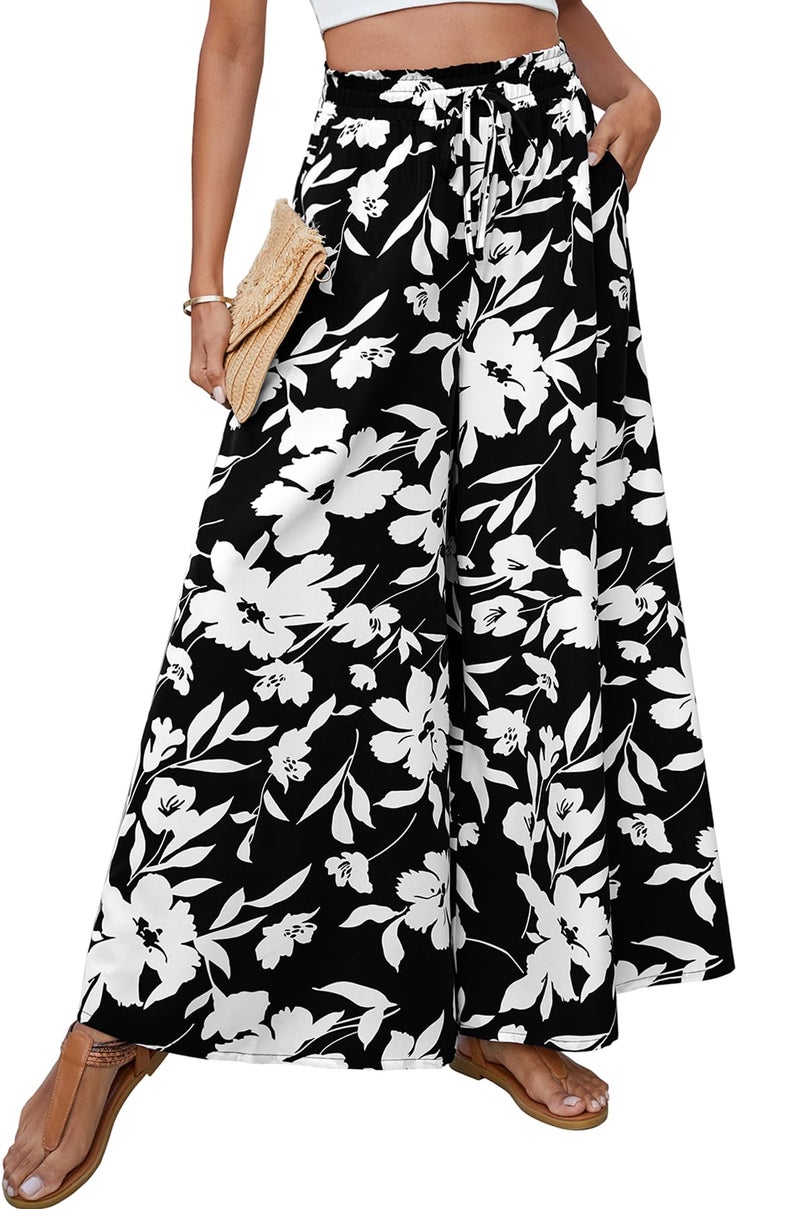 SimpleFun Boho Pants for Women Casual Wide Leg Pants Woman Printed Beach Vacay Palazzo Trousers Floral Black M - Image 1