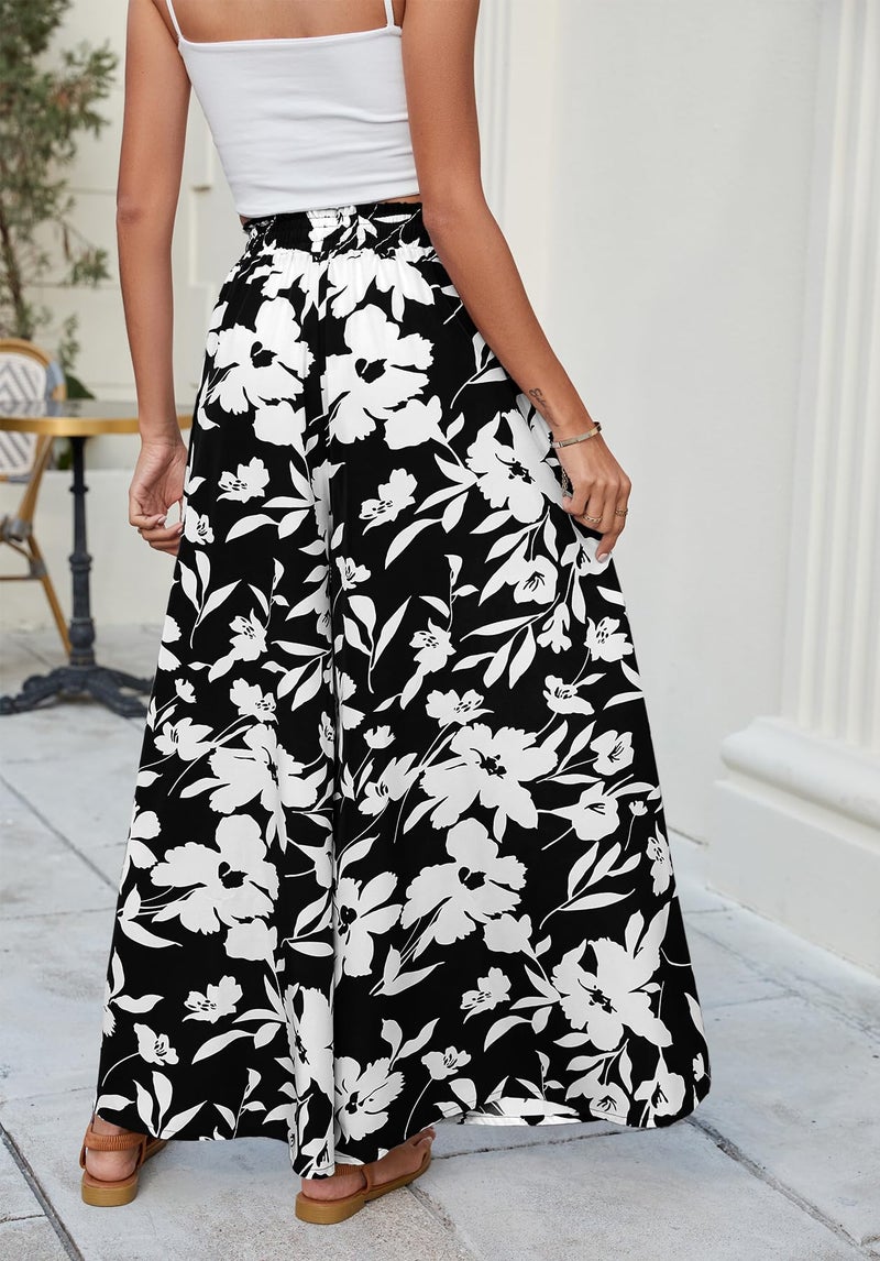 SimpleFun Boho Pants for Women Casual Wide Leg Pants Woman Printed Beach Vacay Palazzo Trousers Floral Black M - Image 3