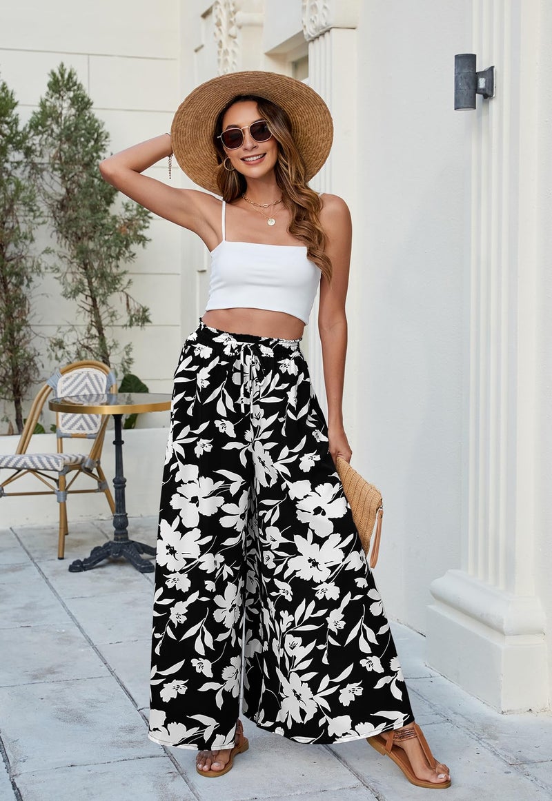 SimpleFun Boho Pants for Women Casual Wide Leg Pants Woman Printed Beach Vacay Palazzo Trousers Floral Black M - Image 5