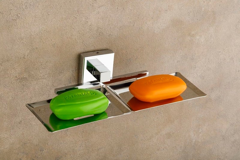 Well Set Stainless Steel Double Soap Dish Holder | Wall Mounted Chrome Finish Square Soap Stand for Bathroom & Kitchen | Rust-Resistant Bathroom Accessory for Home Use - Image 5