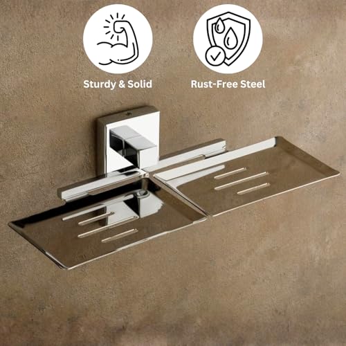 Well Set Stainless Steel Double Soap Dish Holder | Wall Mounted Chrome Finish Square Soap Stand for Bathroom & Kitchen | Rust-Resistant Bathroom Accessory for Home Use - Image 4