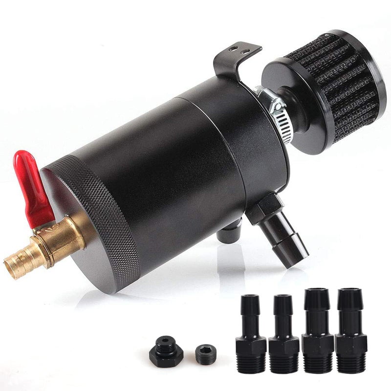 WENJTP Oil Catch Can Kit with 4 Adapters Breather Filter Drain Valve Plug 2 Ports 1 oulet 1 inlet 150ml Universal Aluminum Baffled Oil Reservoir Tank Oil Separator HTRACING Red