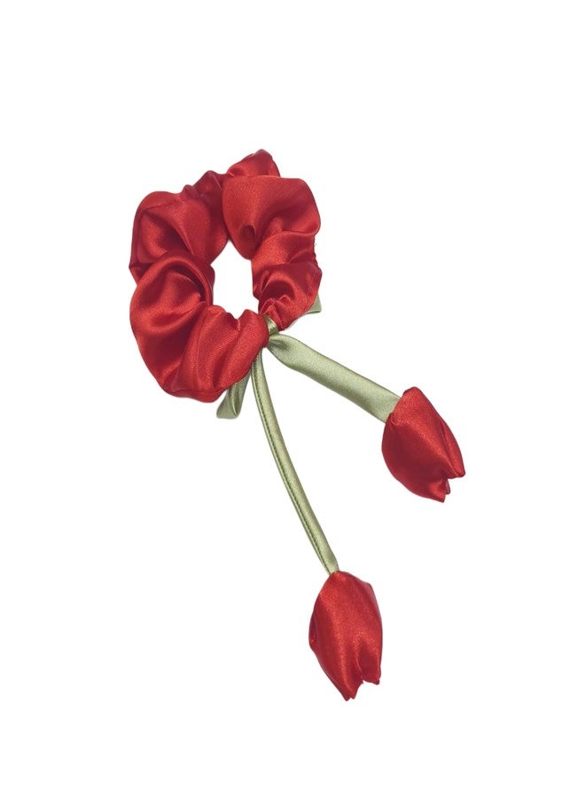 Fairytale Decorative Hair Scrunchie With Red Tulip Design, Black Satin with Green Ribbon, Hair Accessory (Red) - Image 4