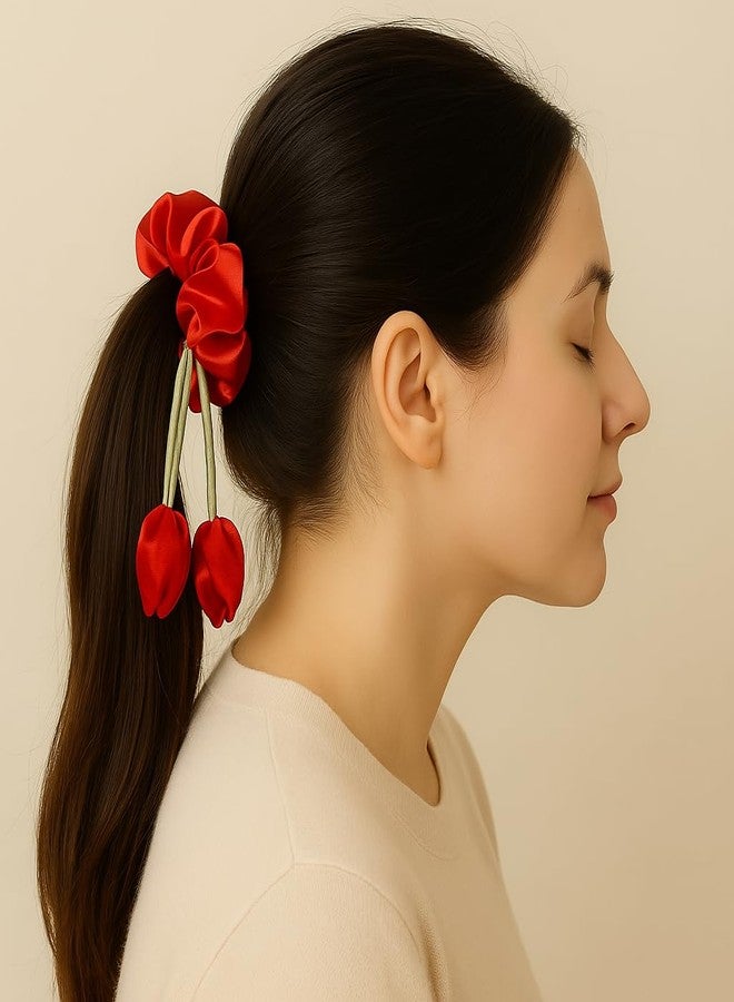 Fairytale Decorative Hair Scrunchie With Red Tulip Design, Black Satin with Green Ribbon, Hair Accessory (Red) - Image 2