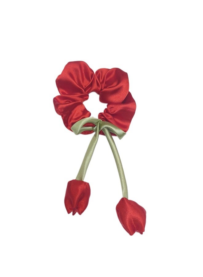 Fairytale Decorative Hair Scrunchie With Red Tulip Design, Black Satin with Green Ribbon, Hair Accessory (Red) - Image 1