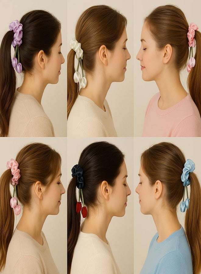 Fairytale Decorative Hair Scrunchie With Red Tulip Design, Black Satin with Green Ribbon, Hair Accessory (Red) - Image 3