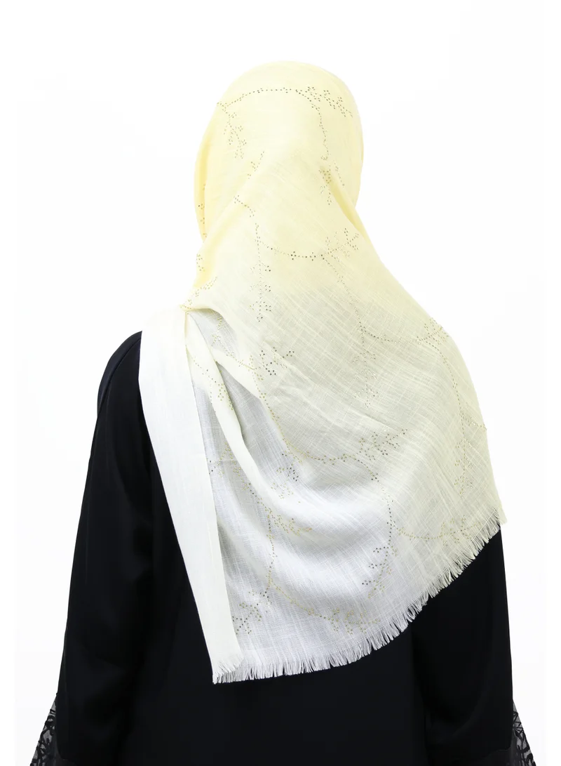 Jameela  Premium Embellished Slub Cotton Scarf with Vine Crystal Strass (Lemon Yellow / Pale Cream) for Women | Best Price UAE