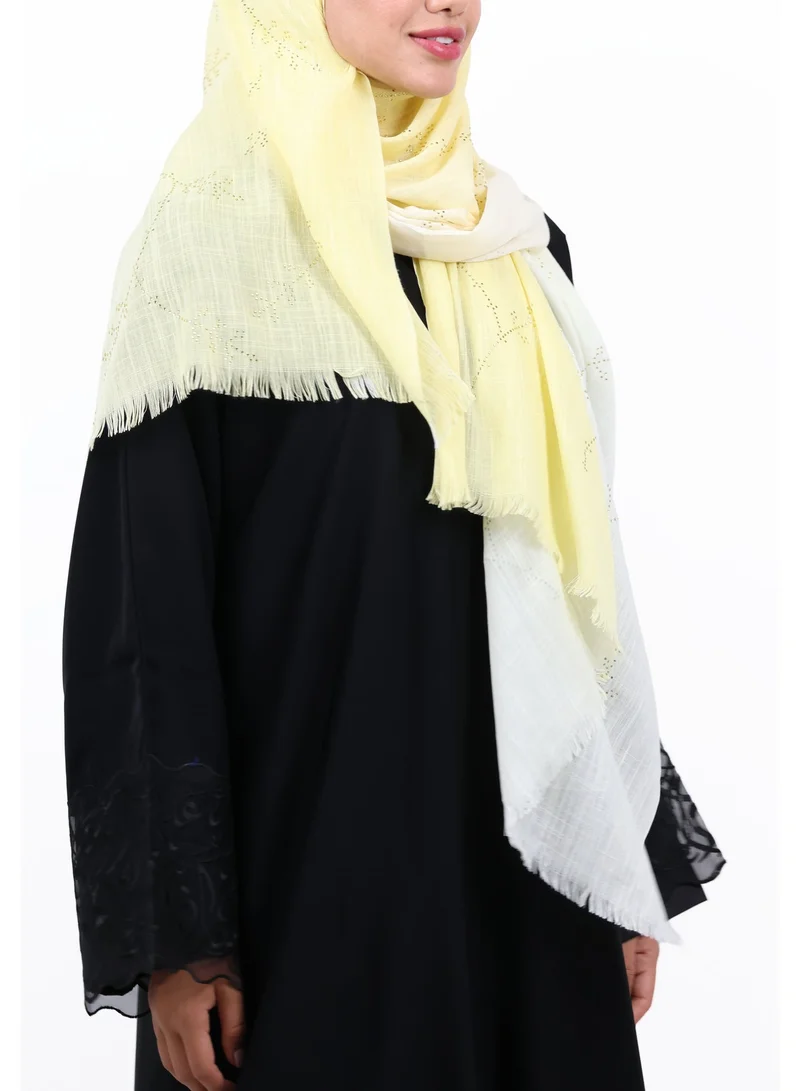 Jameela  Premium Embellished Slub Cotton Scarf with Vine Crystal Strass (Lemon Yellow / Pale Cream) for Women | Best Price UAE