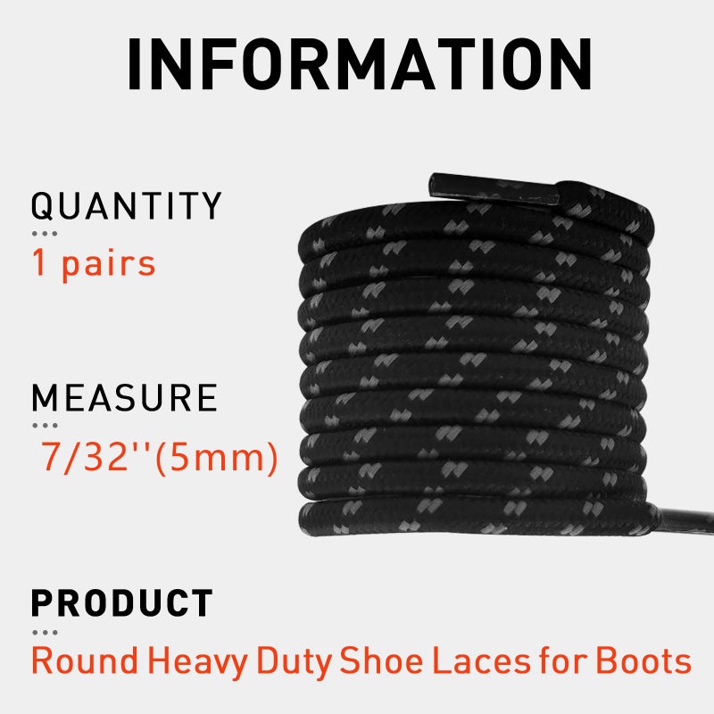 NDTEZUGT 7/32"(5mm) Round ShoeLaces for Boots, Heavy Duty Rope Shoe Laces Strings Replacement for Columbia Hiking Work Boots(Black, 54"/140cm) - Image 2