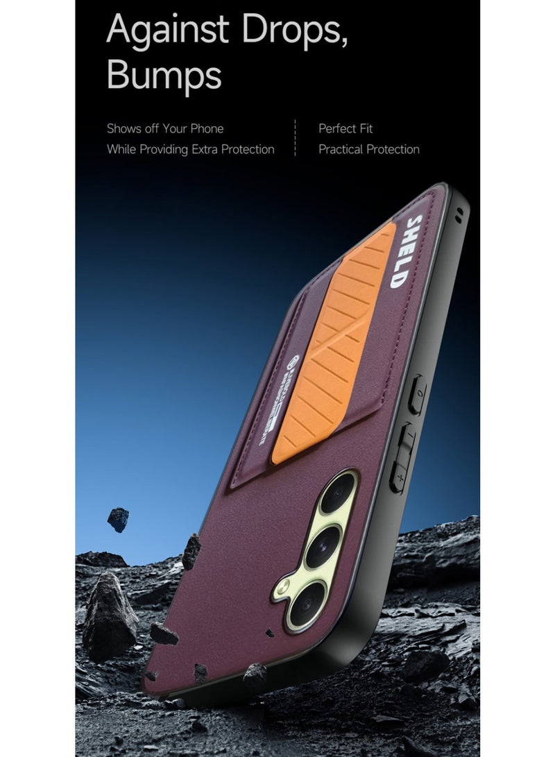 Techie Aesthetic Fashion Frosted Finished PU Leather Card Holder with Magnetic Secure Hand Grip Kickstand Back Cover Case for Samsung Galaxy A34 5G – Maroon / Brown  - Image 4