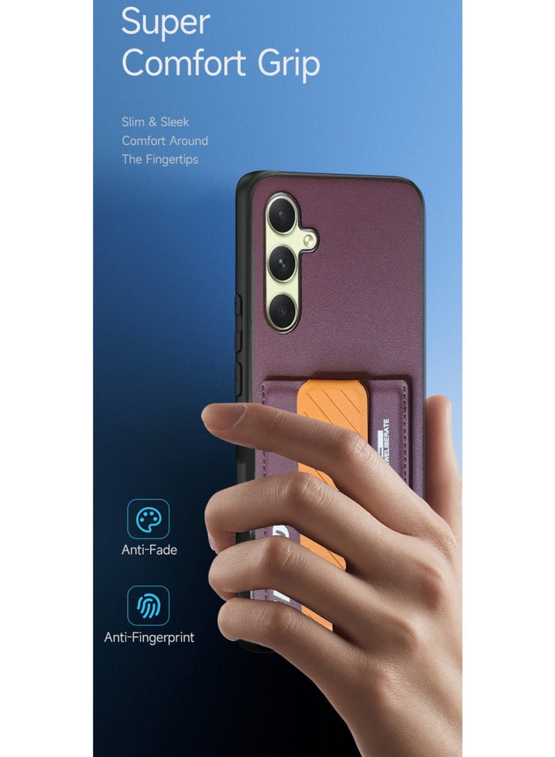 Techie Aesthetic Fashion Frosted Finished PU Leather Card Holder with Magnetic Secure Hand Grip Kickstand Back Cover Case for Samsung Galaxy A34 5G – Maroon / Brown  - Image 3