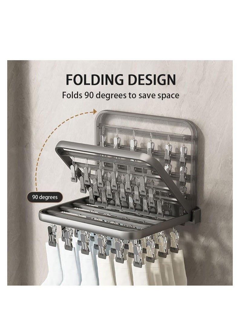 Foldable Clothes Drying Rack Wall Mounted Clothes Hanger Multiuse Laundry Hanger with 26 Windproof Clips for Socks Underwear Pants Towel Scarfs and Bras (Grey, 1) - Image 5