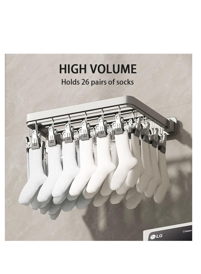 Foldable Clothes Drying Rack Wall Mounted Clothes Hanger Multiuse Laundry Hanger with 26 Windproof Clips for Socks Underwear Pants Towel Scarfs and Bras (Grey, 1) - Image 3