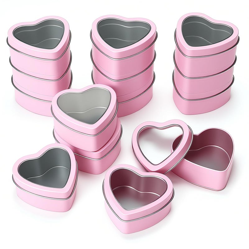 Goodma 14-Pack 2oz Empty Heart Shaped Metal Tins with Clear Window for Candle Making, Candies, Gifts & Treasures (Pink) - Image 1
