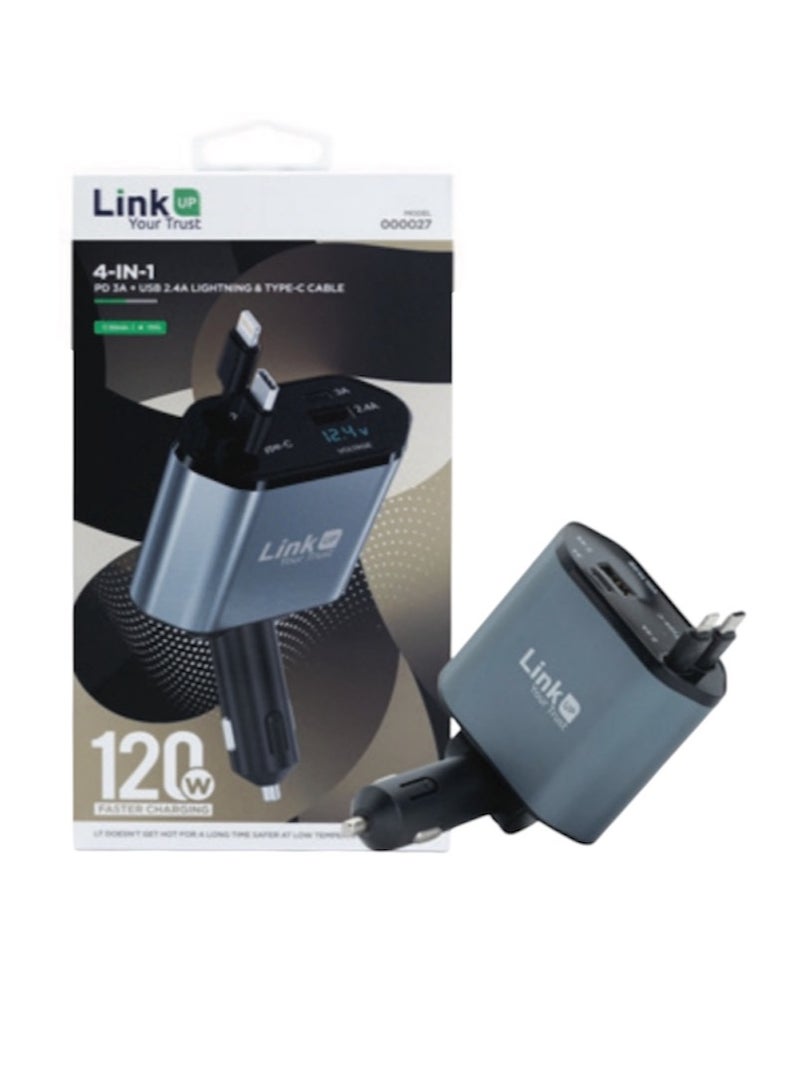LinkUp 4 in 1 Car Charger - Support PD 3A and USB 2.4A Fast Charging