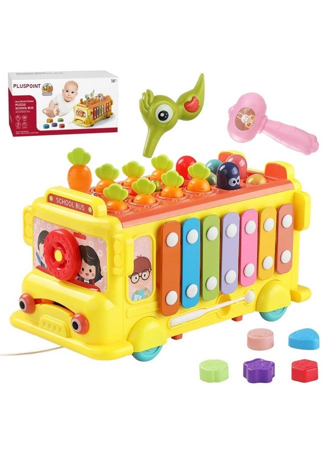 PLUSPOINT School Bus Activity Toy for Kids Multifunctional Pull-Along Bus with Gears, Teaching Clock, Fishing Game Color Matching Shape Puzzles Whack-a-mole Toddler Musical Toy for 1-5 yrs - Image 1