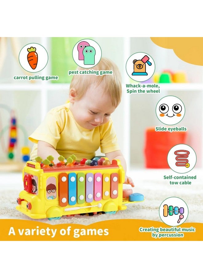 PLUSPOINT School Bus Activity Toy for Kids Multifunctional Pull-Along Bus with Gears, Teaching Clock, Fishing Game Color Matching Shape Puzzles Whack-a-mole Toddler Musical Toy for 1-5 yrs - Image 2