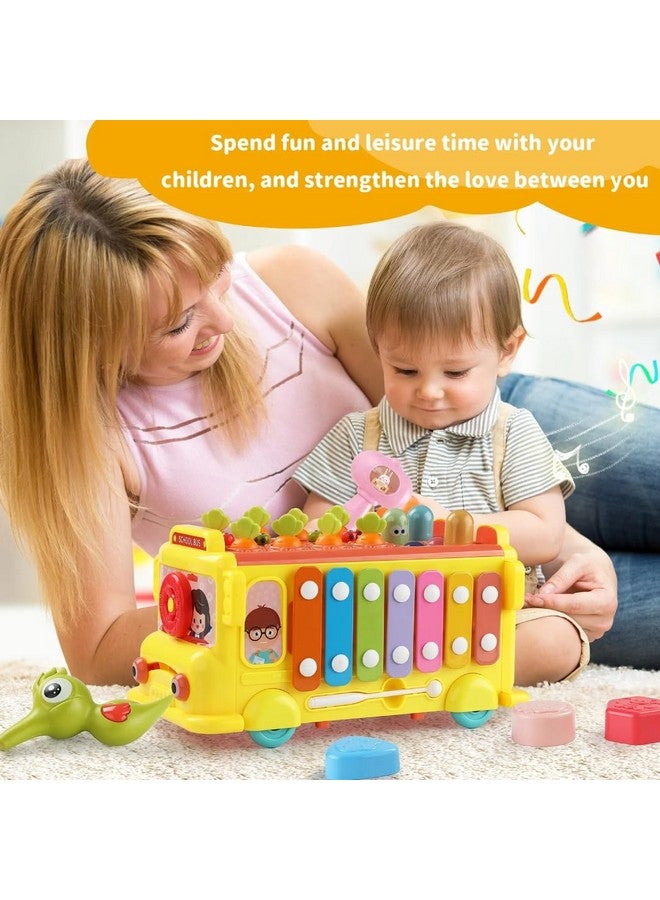 PLUSPOINT School Bus Activity Toy for Kids Multifunctional Pull-Along Bus with Gears, Teaching Clock, Fishing Game Color Matching Shape Puzzles Whack-a-mole Toddler Musical Toy for 1-5 yrs - Image 4