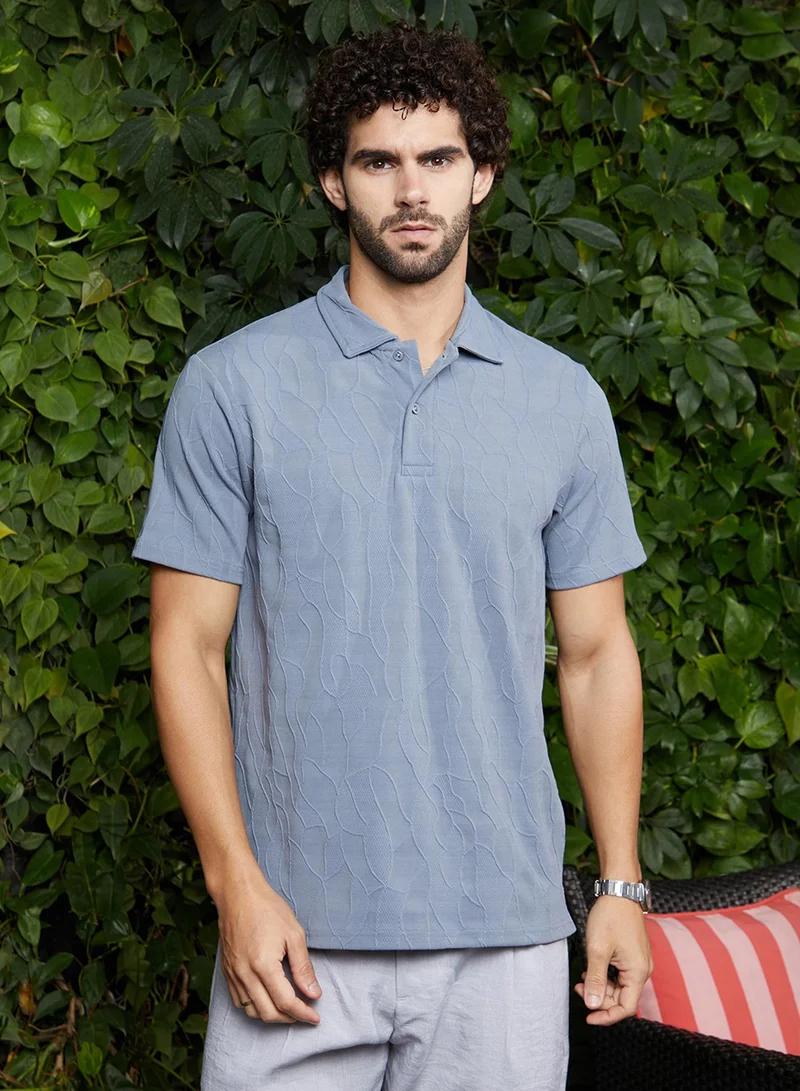 Men's Powder Blue Veined-Tactile Polo T-Shirt For Casual Wear | Polo Neck | Short Regular Sleeves | Half-Button Closure | T-Shirt Crafted With Comfort Fit For Everyday Wear