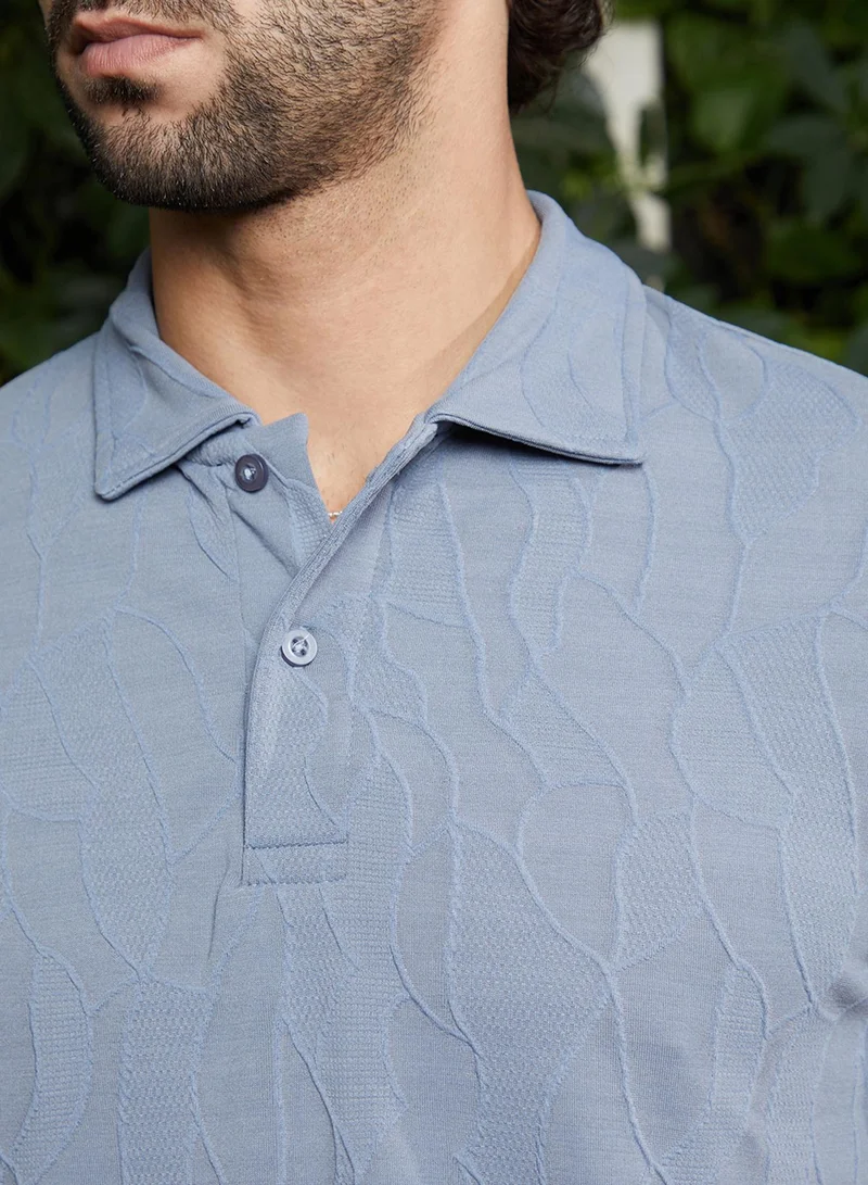 CAHOOT  Men's Powder Blue Veined-Tactile Polo T-Shirt For Casual Wear | Polo Neck | Short Regular Sleeves | Half-Button Closure | T-Shirt Crafted With Comfort Fit For Everyday Wear for Men | Best Price UAE