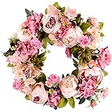 Lvydec Lvydec Artificial Peony Flower Wreath - 15" Pink Flower Door Wreath with Green Leaves Spring Wreath for Front Door,  - Image 1