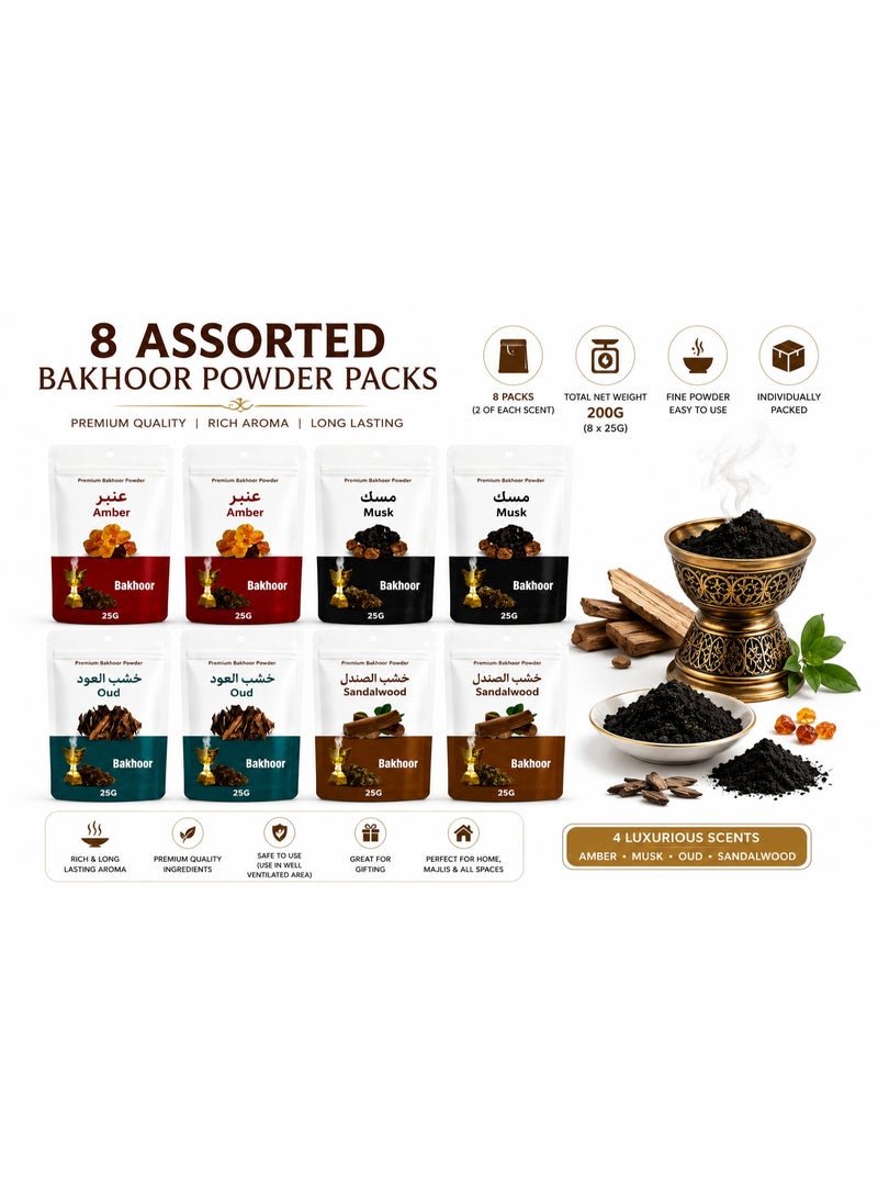 Premium Assorted Bakhoor Powder Incense for Home Fragrance – Amber, Musk, Oud & Sandalwood, 4 Scents, 8-Pack, 200g - Image 1