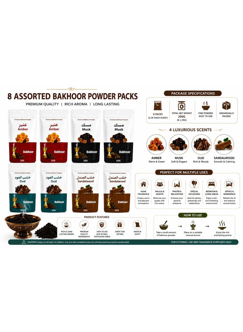 Premium Assorted Bakhoor Powder Incense for Home Fragrance – Amber, Musk, Oud & Sandalwood, 4 Scents, 8-Pack, 200g - Image 2
