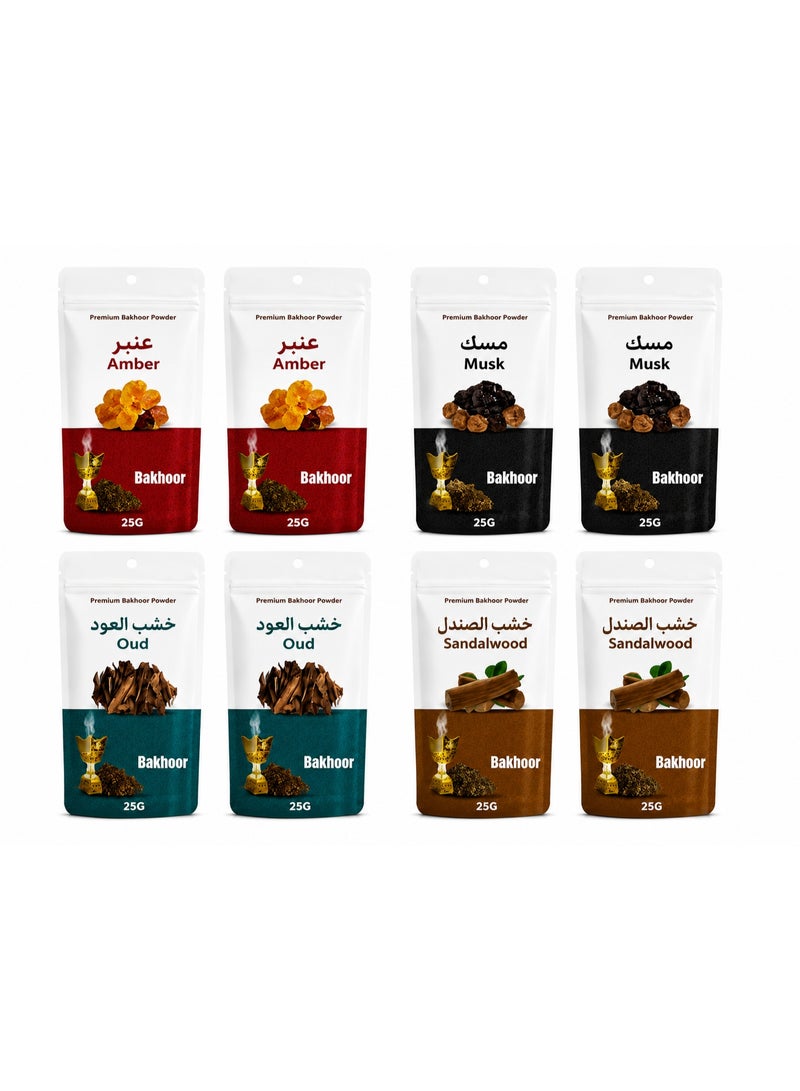 Premium Assorted Bakhoor Powder Incense for Home Fragrance – Amber, Musk, Oud & Sandalwood, 4 Scents, 8-Pack, 200g - Image 3