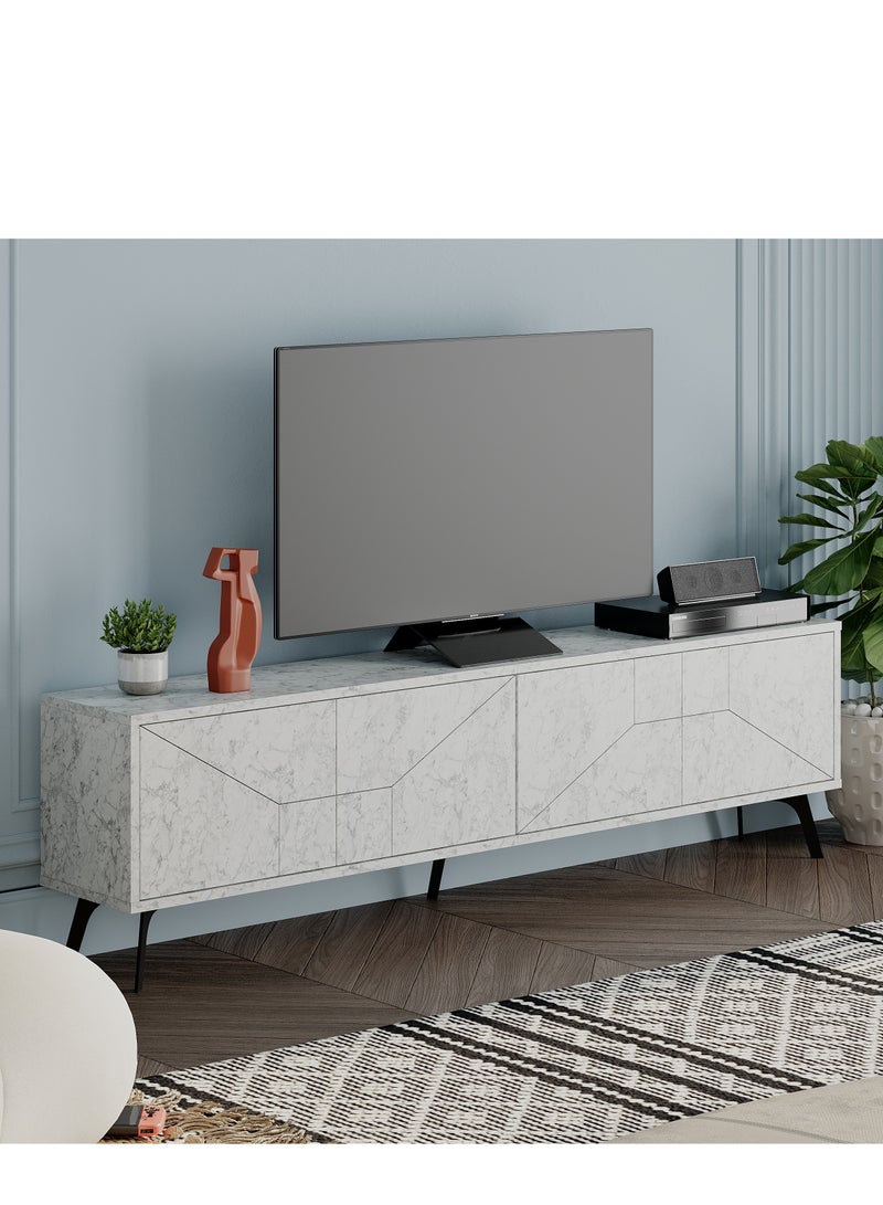 Dune Tv Stand Up To 70 Inches Tvs | Modern Tv Cabinet 4Door | Modern Tv Units For Living Room | Storage Cabinet | 180X29.6X50 Cm| White Marble