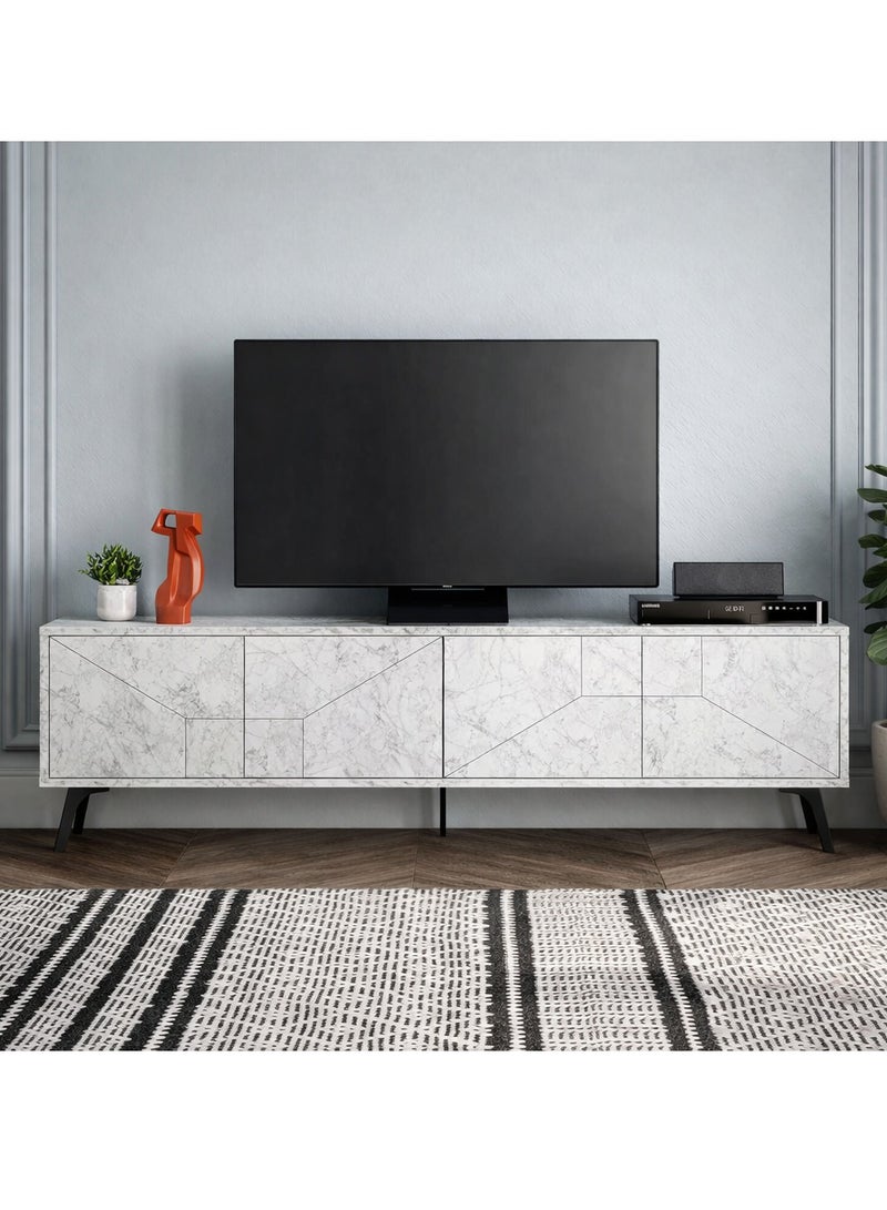 Mourah Home Dune Tv Stand Up To 70 Inches Tvs | Modern Tv Cabinet 4Door | Modern Tv Units For Living Room | Storage Cabinet | 180X29.6X50 Cm| White Marble - Image 1