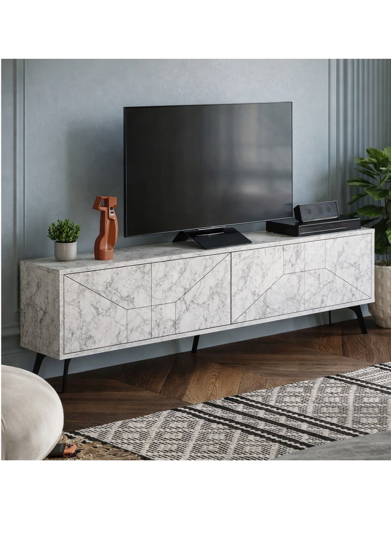 Mourah Home Dune Tv Stand Up To 70 Inches Tvs | Modern Tv Cabinet 4Door | Modern Tv Units For Living Room | Storage Cabinet | 180X29.6X50 Cm| White Marble - Image 2