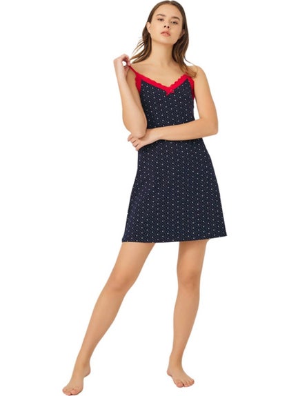 COTTONHILL Navy Blue Patterned Thin Strap Cotton Women's Nightgown  - Image 1