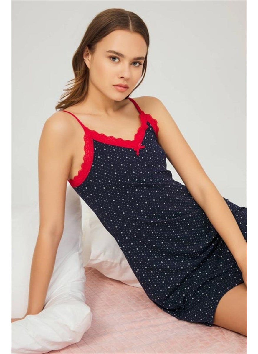 COTTONHILL Navy Blue Patterned Thin Strap Cotton Women's Nightgown  - Image 3