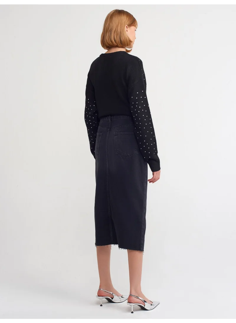 Dilvin 80563 Buttoned Front Denim Skirt-Black