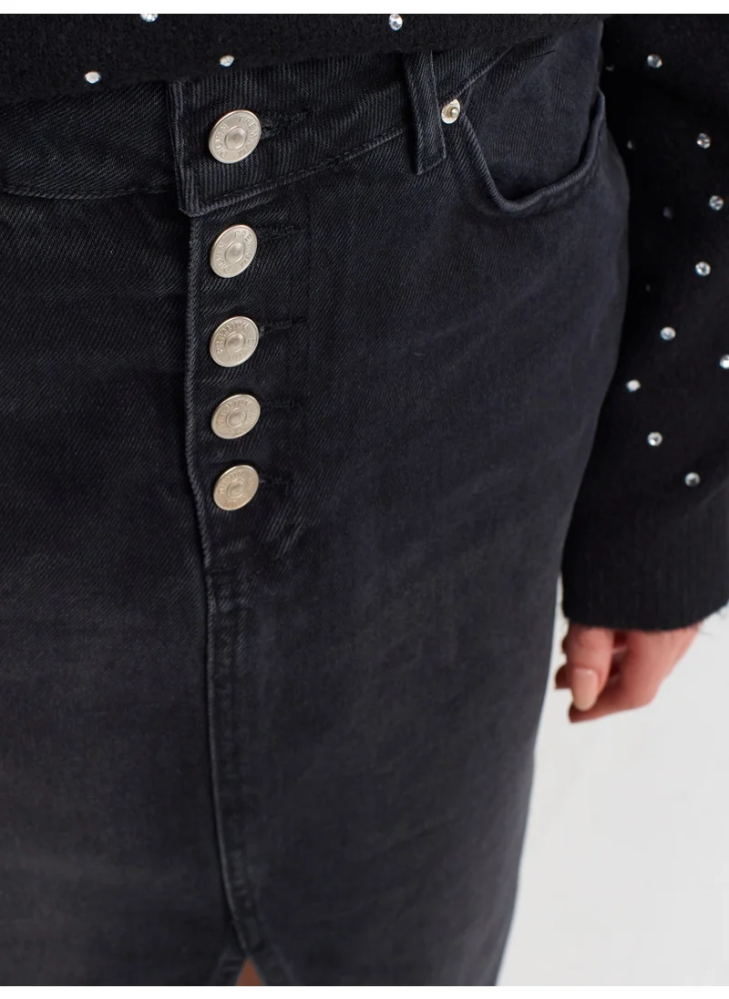 Dilvin 80563 Buttoned Front Denim Skirt-Black