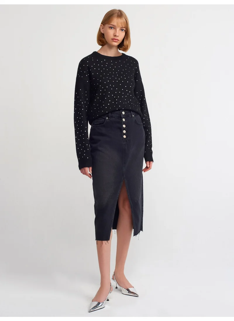 Dilvin 80563 Buttoned Front Denim Skirt-Black
