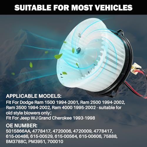Aspligo 700010 AC Heater Blower Motor Fan Assembly Fit for Dodge ram 1500 Pickup 1994-2002, ram 2500 Pickup 1994-2002, ram 3500 Pickup 1994-2002, for Jeep Grand Cherokee 1993-1998 4720006 - Image 4