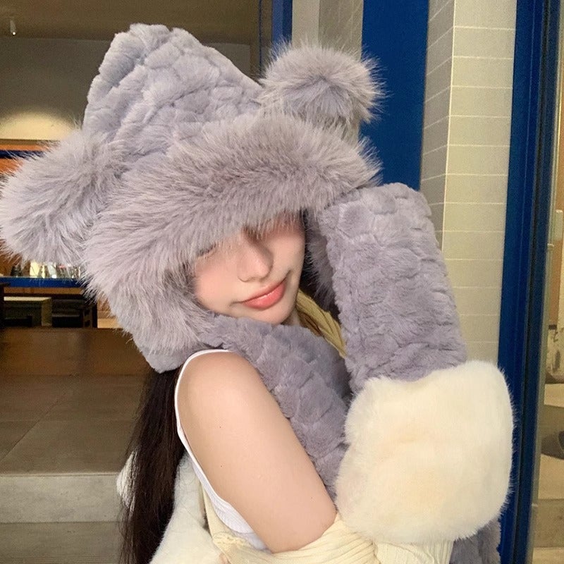 2024 Bear Hat Scarf Gloves Set Women Autumn Winter Gray (three-piece set)