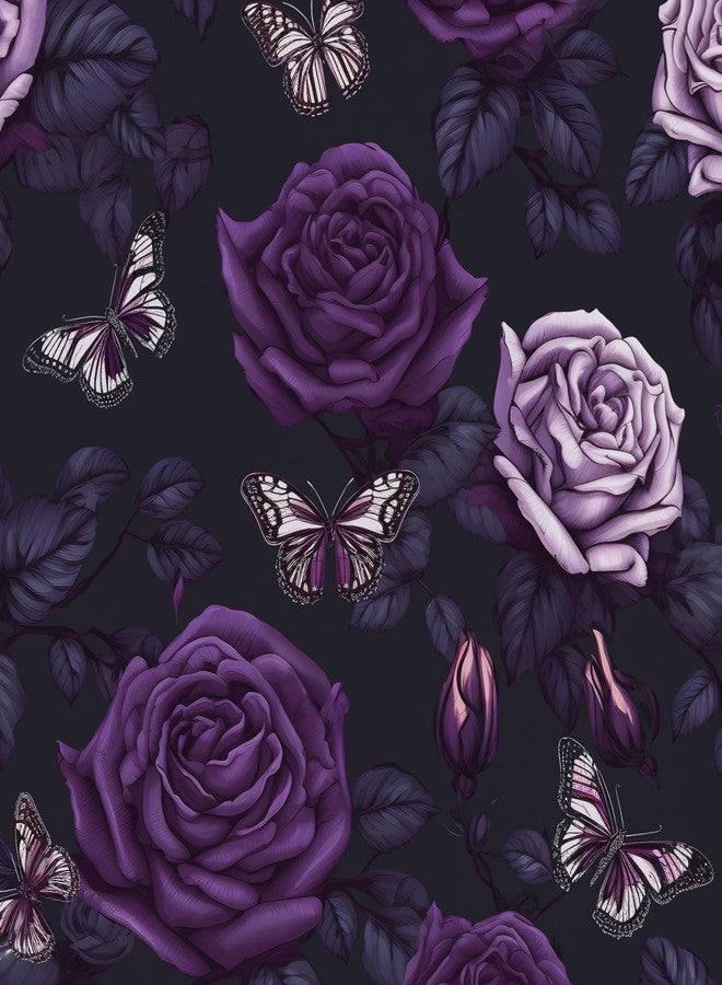 BOKEBEVE Dark Purple Butterfly Wallpaper Peel and Stick Floral Contact Paper for Kitchen Backsplash Bathroom Shelf Liner Removable Renter Friendly 17.5 x 393.5In - Image 1