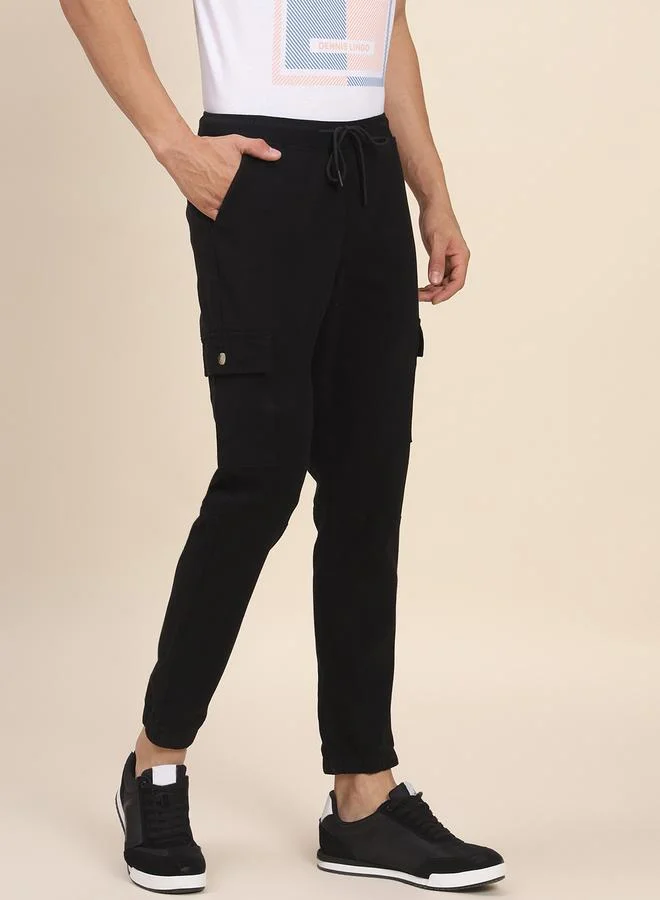 Dennis Lingo Men's Black 100% Cotton Solid Pattern Full Length Slim Fit Trouser